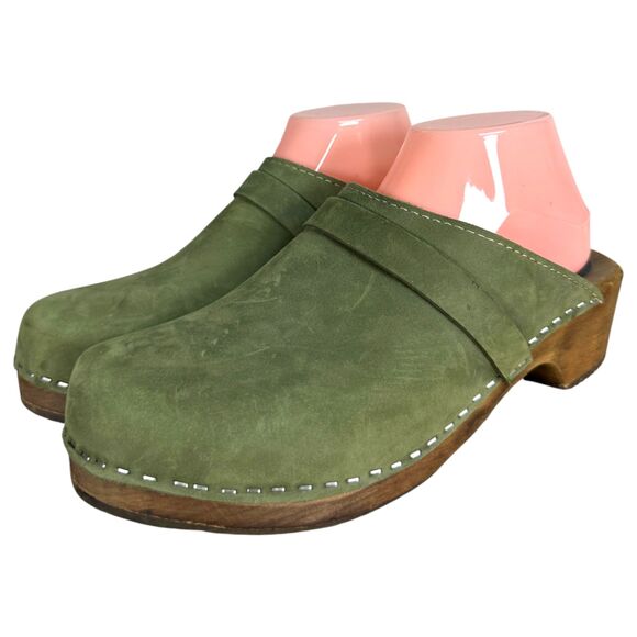 lotta's Shoes - Lotta's from Stockholm Green Leather Wood Chunky Clogs EU 42 US 10 - 10.5